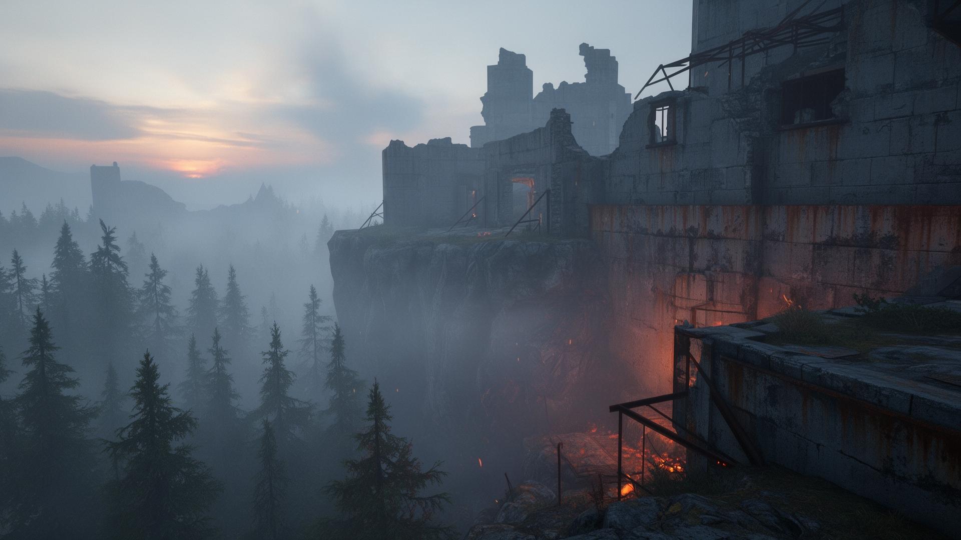 Vue brumeuse d'un fort en ruine au lever du jour